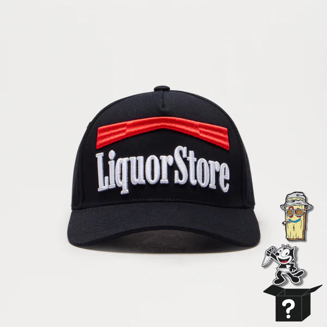 Liquor Store Snapback Hat - Black/Red+Pin